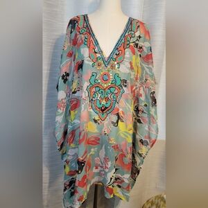 Embellished Floral V-Neck Women’s Tunic - Aqua Multi